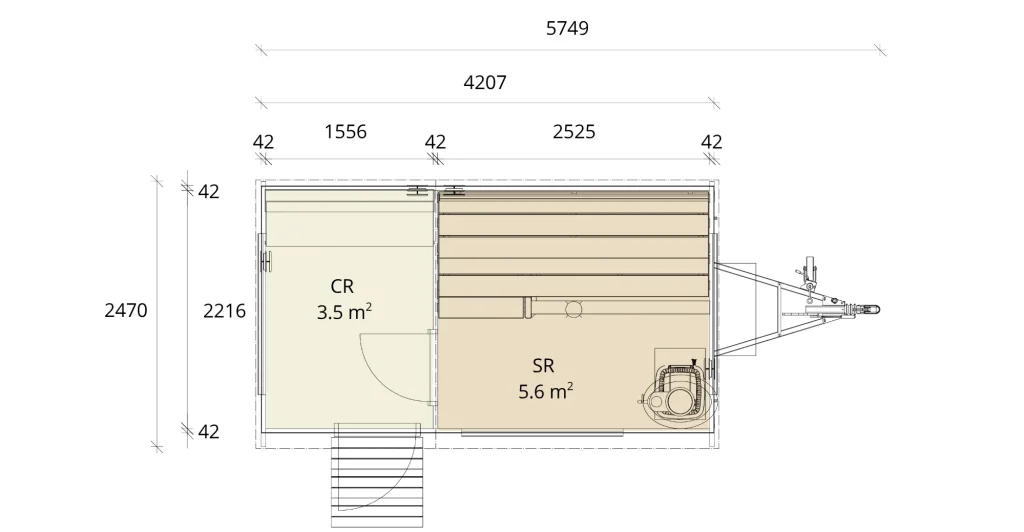 Lapelland Saunawelt: Grundriss eines kleinen Wohnwagens, Räume CR (3,5 m²) und SR (5,6 m²), Maße, Einstieg links.