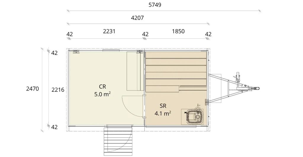 Lapelland Saunawelt: Grundriss-Trailer, 5 m² Hauptraum, 4,1 m² Nebenraum, Stufen, Maße in mm.