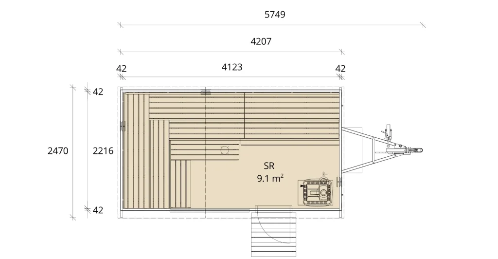 Grundriss „SR“, 9,1 m², Maße in mm, mit Eingangsstufen, Lapelland-Saunawelt und Raumaufteilung.