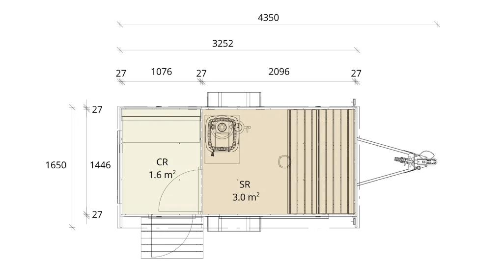 Lapelland Saunawelt Grundriss: CR 1,6 m², SR 3,0 m²; Anhängermaße in mm; technische Detailansicht.
