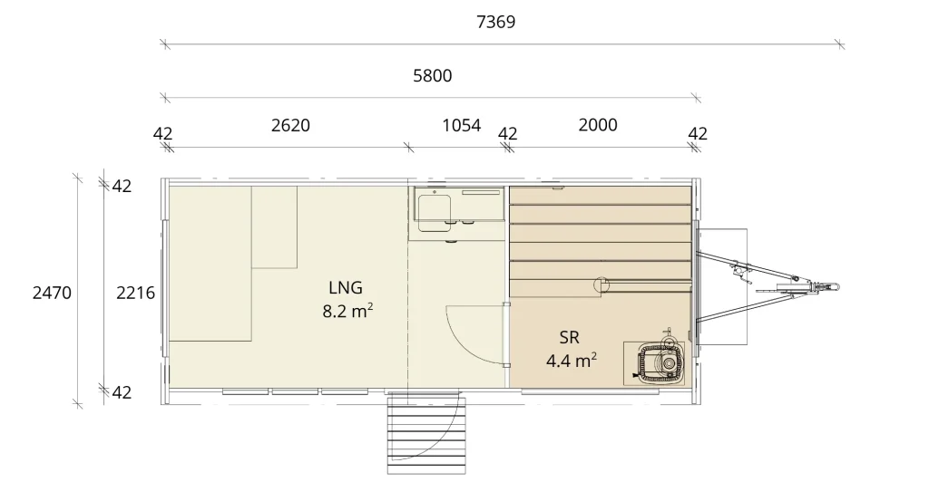 Grundriss Lapelland Saunawelt: Kompakte Einheit mit LNG (8,2 m²), SR (4,4 m²), Spüle, Kochfeld und Einstieg.