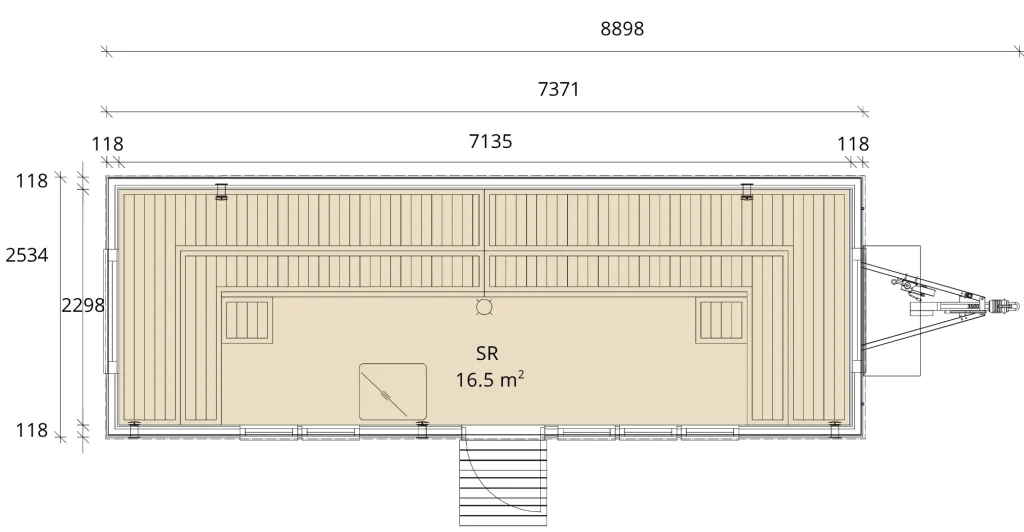 Lapelland Saunawelt Grundriss: rechteckiger Raum „SR 16,5 m²“, Außenmaße, Tür mit Stufen, Technikraum rechts.