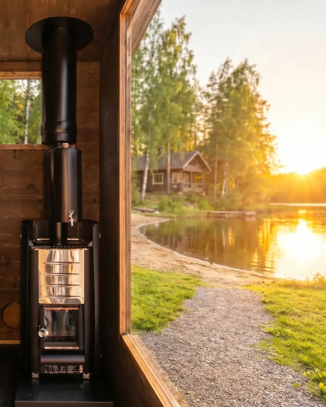 Metall-Holzofen in einer Holzhütte, Blick auf den Seeweg, Bäume, Haus bei Sonnenuntergang. Lapelland-Saunawelt.