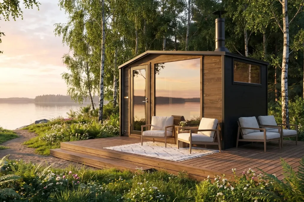 Die Lapelland-Saunawelt zeigt eine kleine, moderne Hütte mit großen Fenstern, einer Holzterrasse, einem See und Bäumen bei Sonnenuntergang.