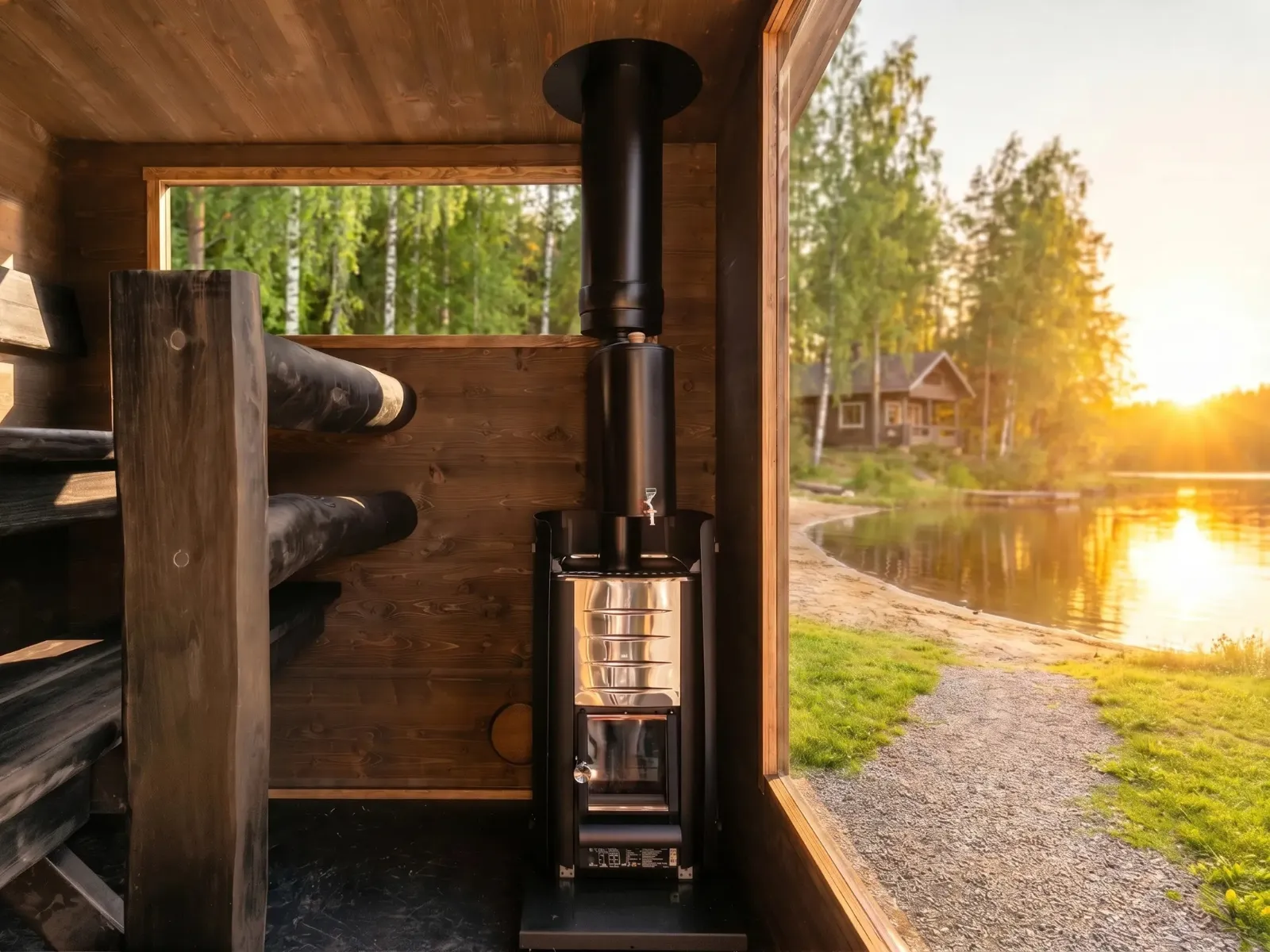 Lapelland Saunawelt: Kleines Holzsauna-Interieur, Metallofen, Blick aus dem Fenster auf den See, den Wald und die Hütte bei Sonnenuntergang.