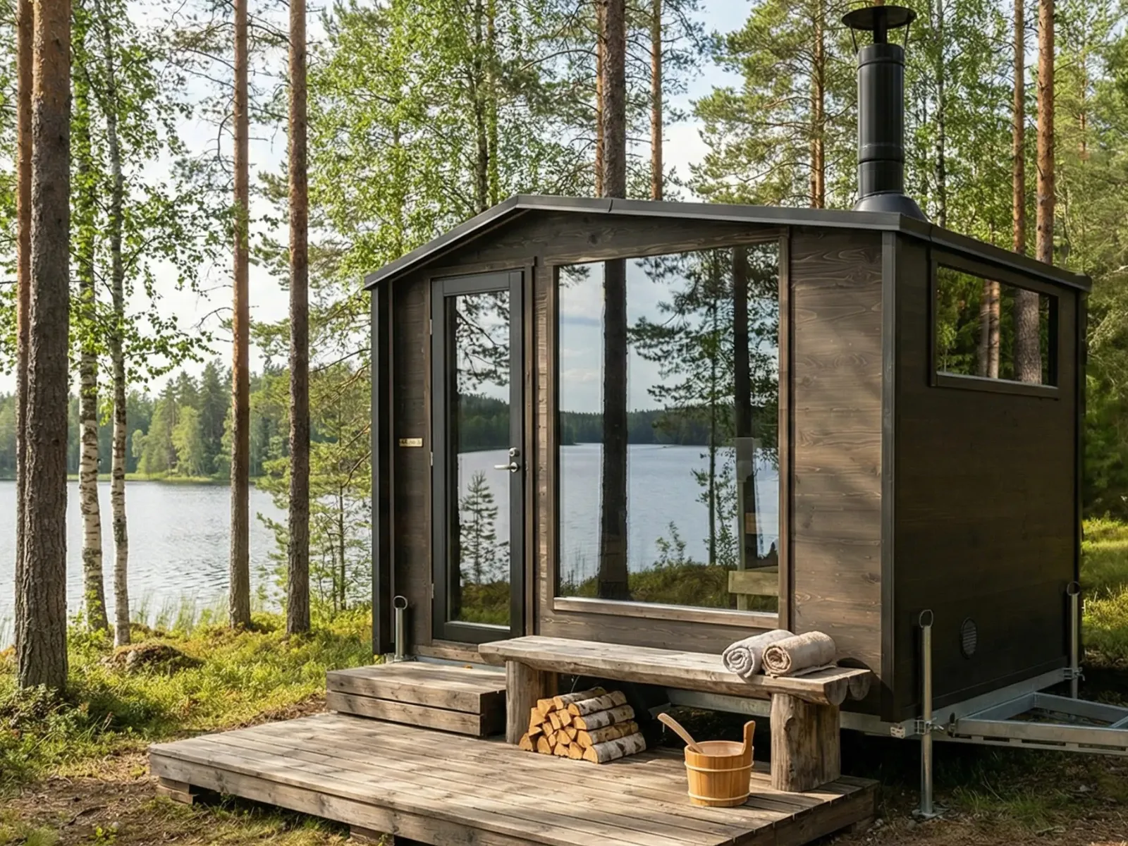 Lapelland Saunawelt: Moderne Holzhütte mit großen Fenstern, einer Bank, Brennholz und Saunazubehör am See im Wald.