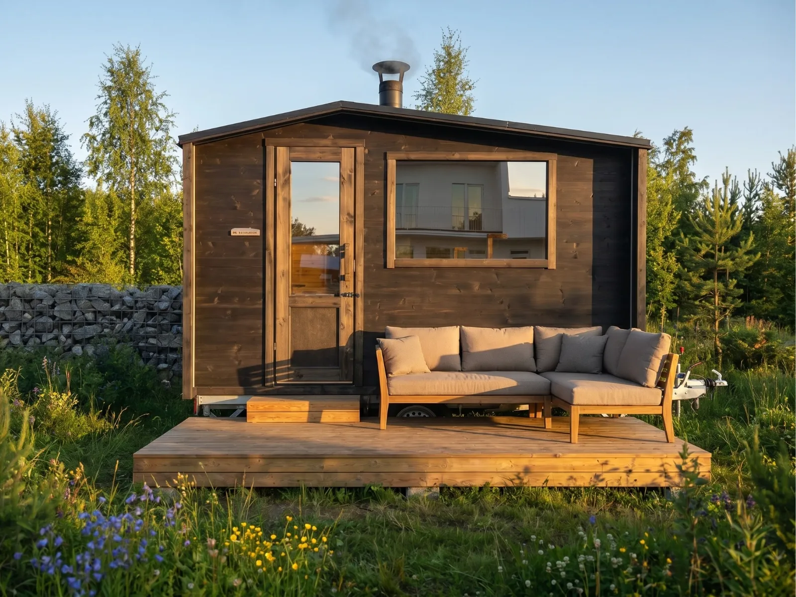 Lapelland Saunawelt: Kleines, dunkles Holzhaus mit Kamin, Holzbalkon, beiger Couch, Wildblumen und Bäumen.