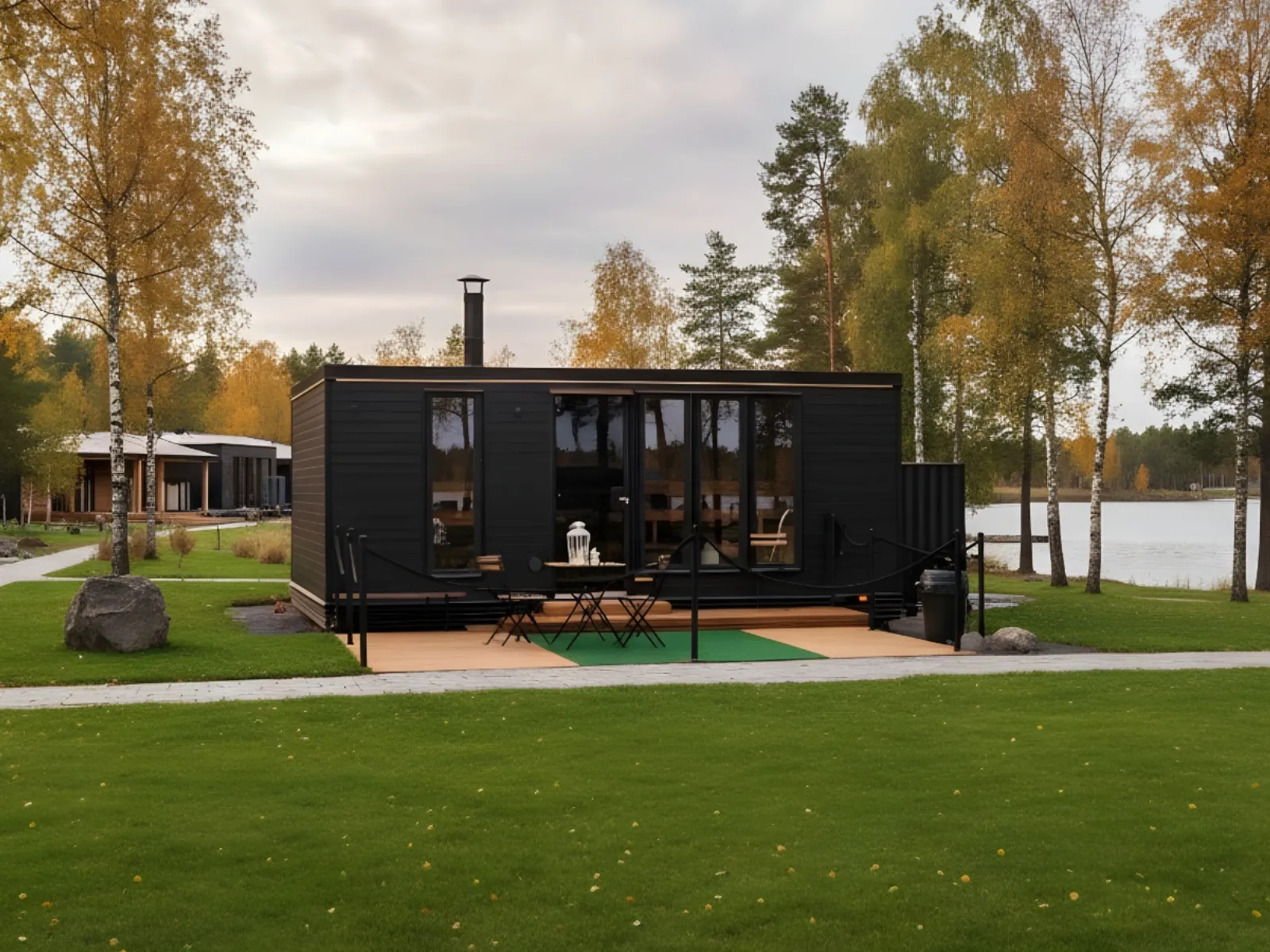 Lapelland Saunawelt: Modernes schwarzes Tiny House mit großen Fenstern am See, Holzterrasse, Wiese und Bäumen.
