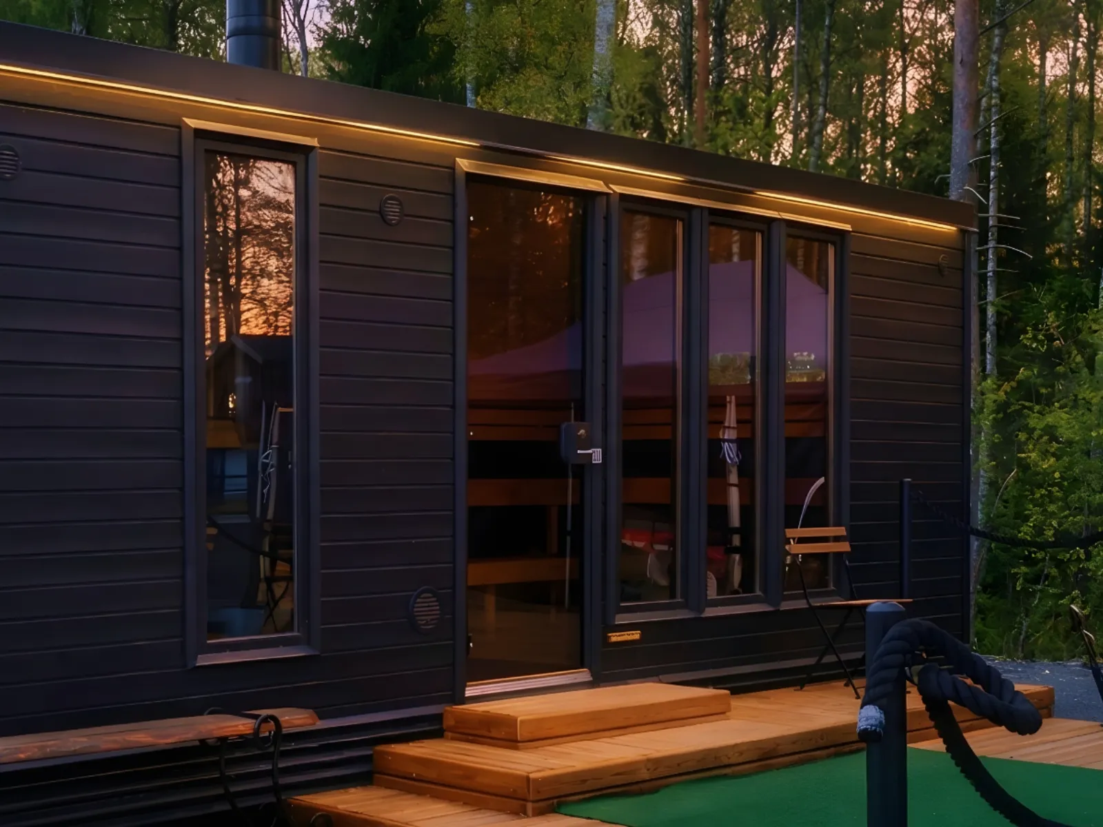 Lapelland Saunawelt: Modernes schwarzes Tiny House mit Glasfront, Holzstufen und Sitzbereich vor Bäumen bei Sonnenuntergang.