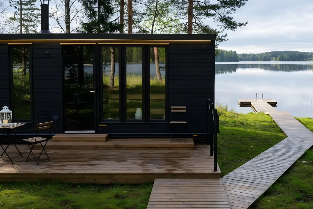 Die Lapelland-Saunawelt: Schwarze Hüttenkabine mit großen Fenstern am See, Holzterrasse, Möbeln und einem Steg zum Wasser.
